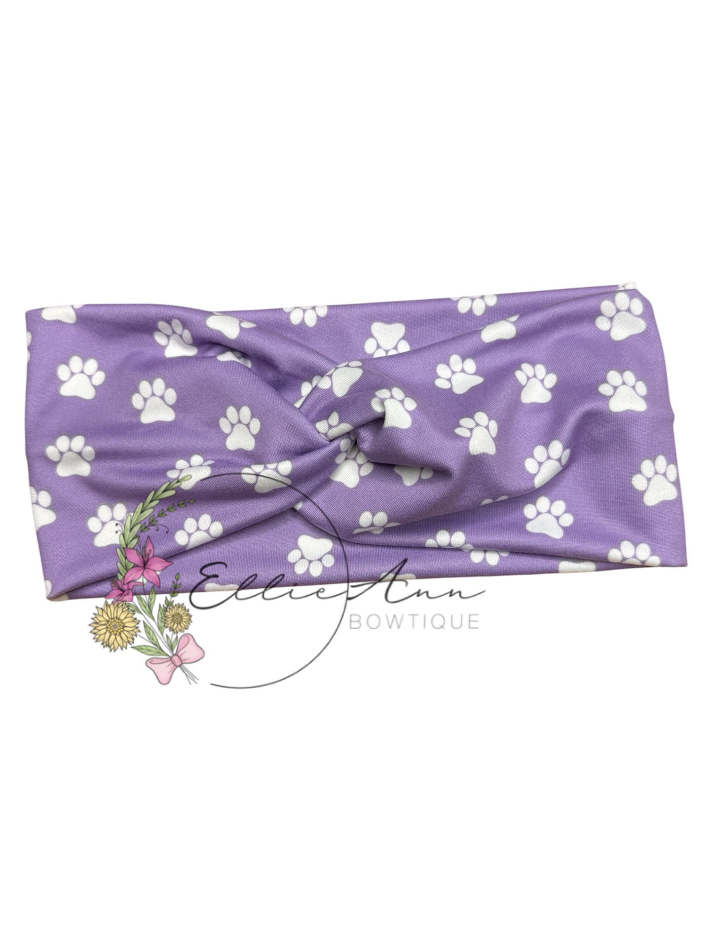 DBP Twist Headband Purple with white paw prints