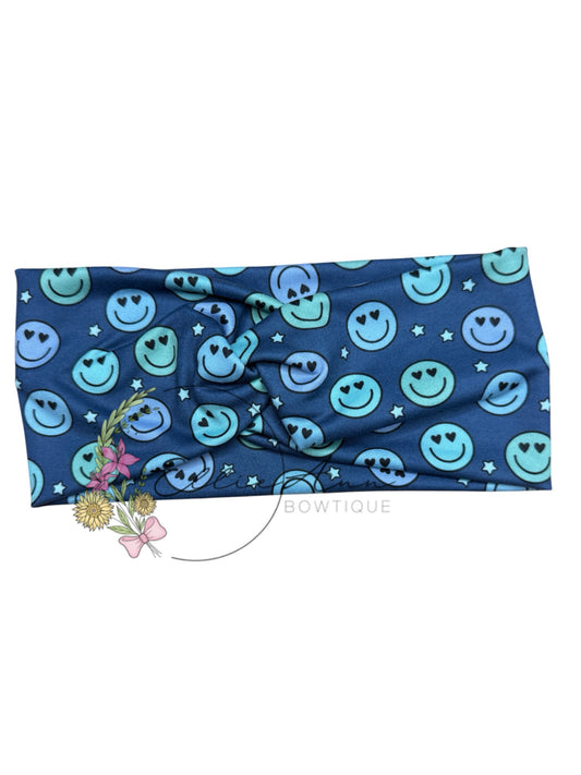 DBP Twist Headband Blue with smiley faces